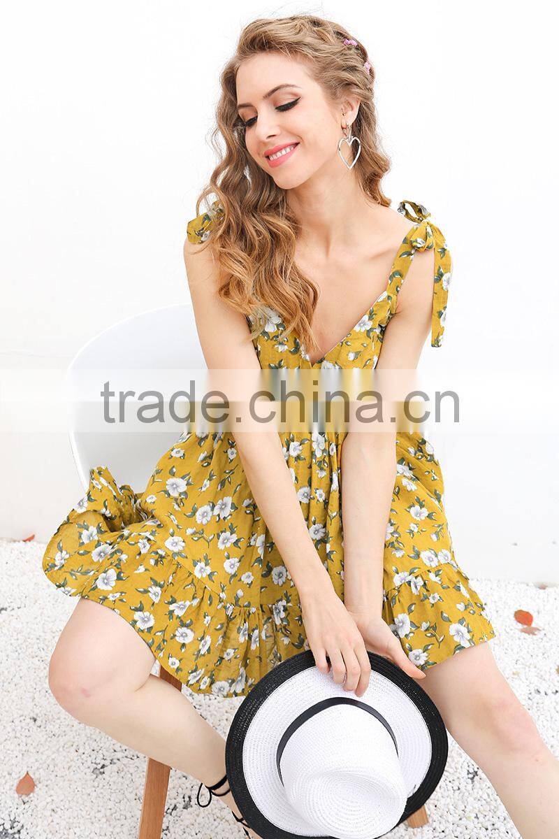 Sexy backless padded print summer dress women Summer v neck beach dresses Boho strap yellow short dress