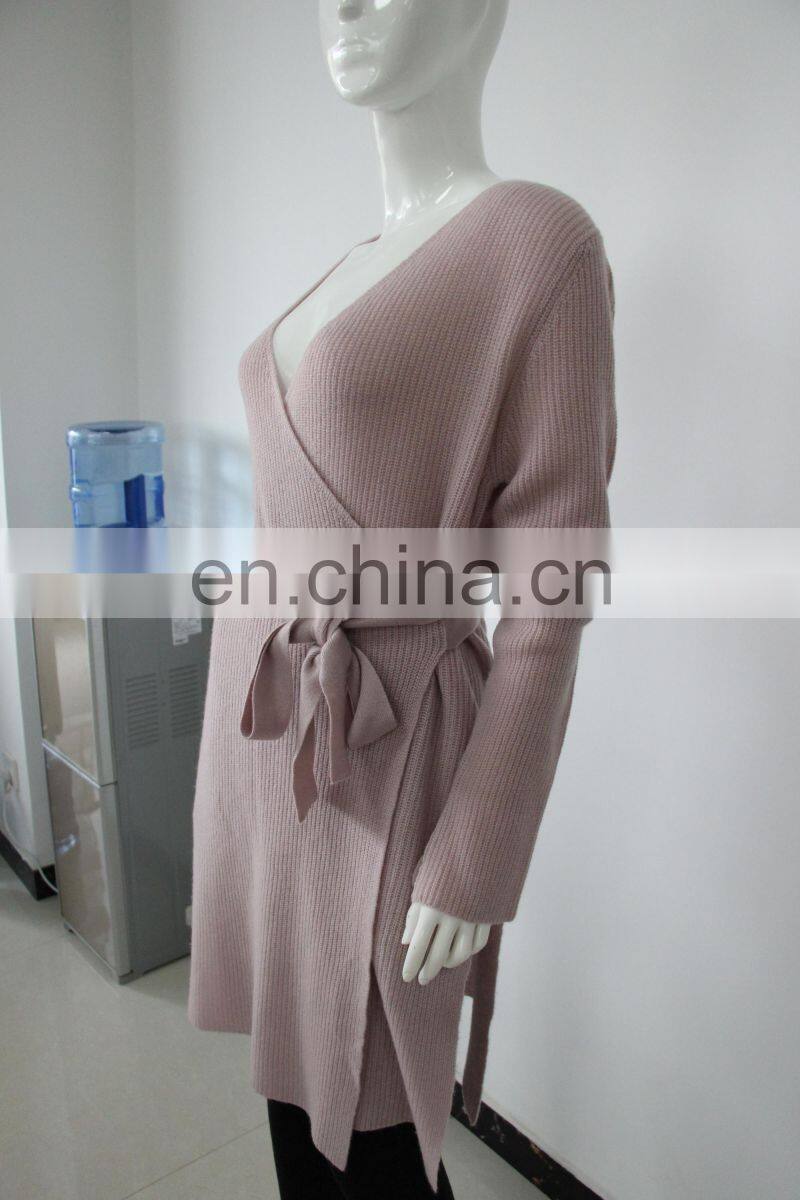 2017 last fashion elegant v neck belt style knit pure cashmere long cardigan