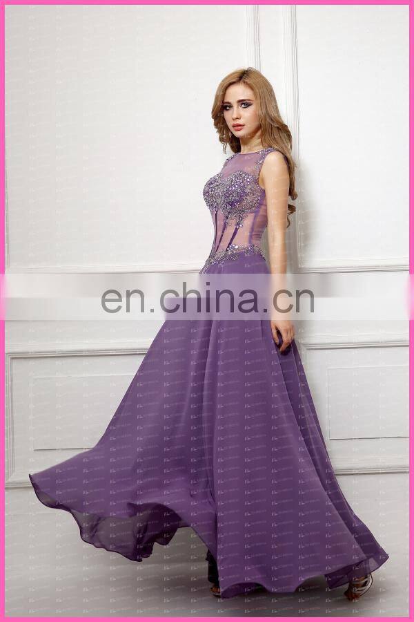 Real Photo Crystal Detailing Sexy See Through Bodice Chiffon Evening Dress Women