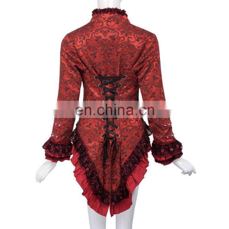 Belle Poque Women's Retro Vintage Gothic Victorian Corset Style Lace Embellished V-Neck Jacquard Red Coat Tops BP000223-2