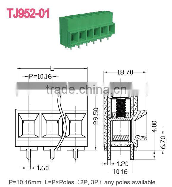 300V/57A Steel Screw Brass Terminal Connectors UL94-V0 Terminal Blocks
