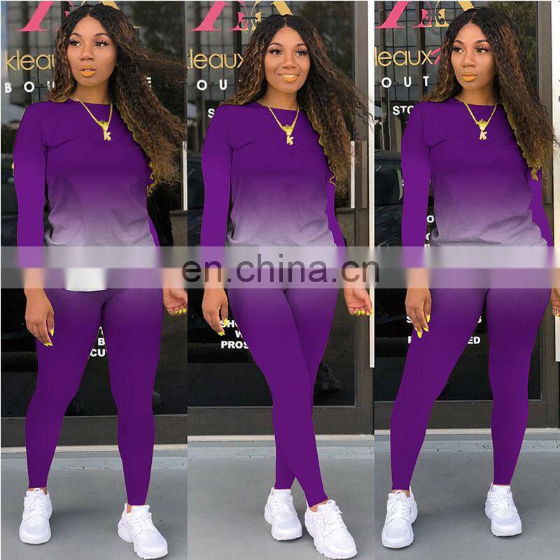 Wholesale custom autumn and winter women's new gradient round neck long-sleeved home casual sports suit jogging stacking pants