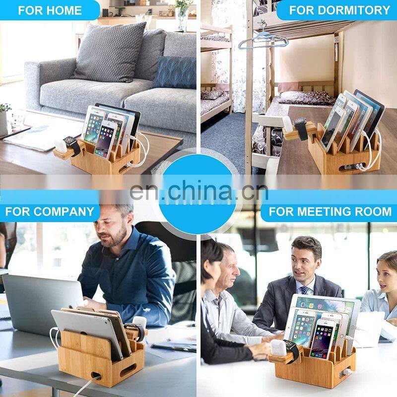 Bamboo Charging Stations for Multiple Devices Upgrade Desk Docking Station Organizer for Cell Phones Tablet Smart Watch & Earpod