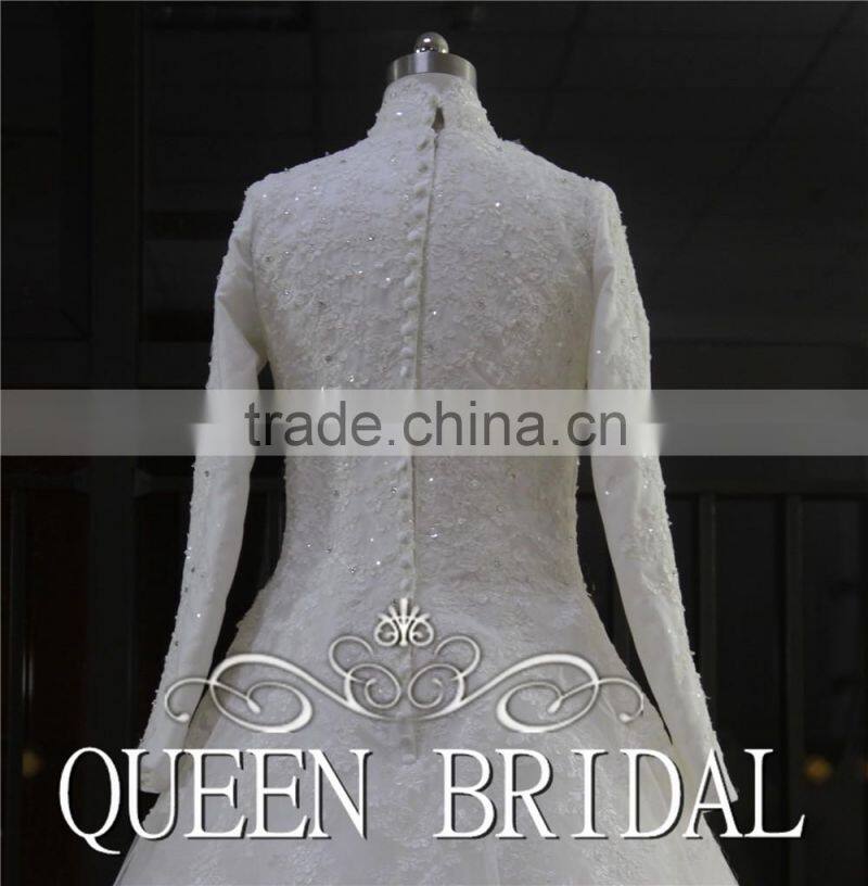 Real Works Appliques Muslim Bridal Wedding Dress Long Sleeve Ball Gown