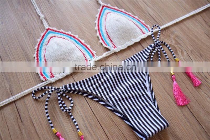 beautiful white and red stripe handmade crochet bikini
