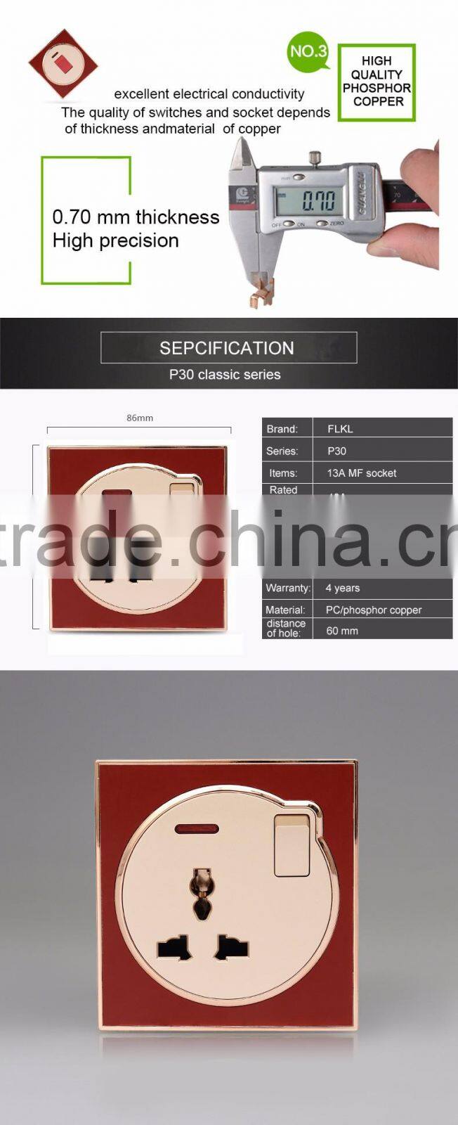 2016 new design wall mounted luxury Light 13a single one gang 3 pin universal switch socket for home hotel