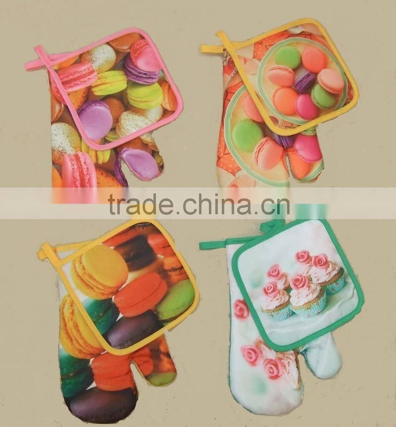 100%polyester material photo printing macaron design pot holder and glove set