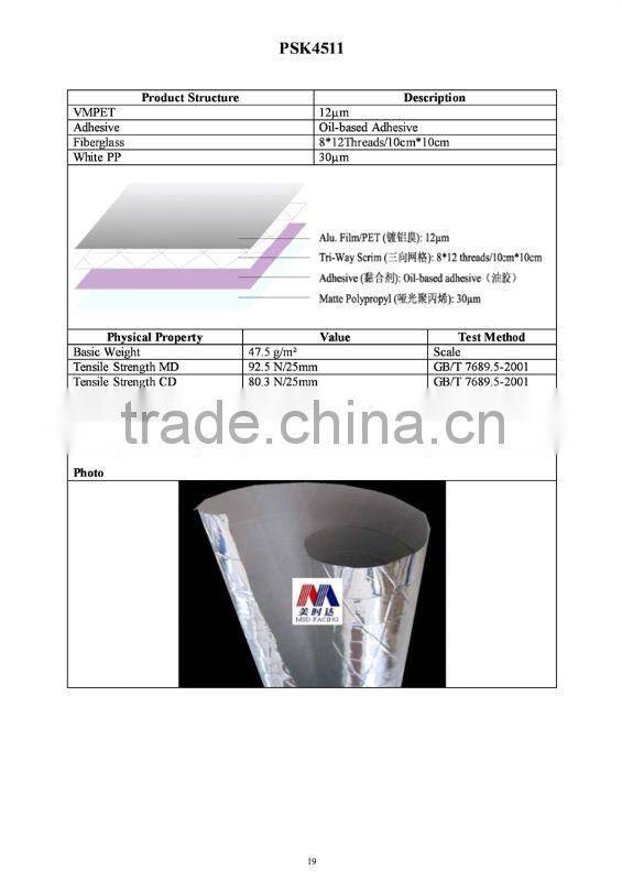 Metallized PET FILM LAMINATED WITH SCRIM POLYPROPYLENE BUILDING MATERIALS