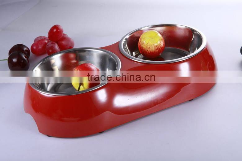 2016 popular Convenient double dinner stainless steel pet bowl manufacturer,red color