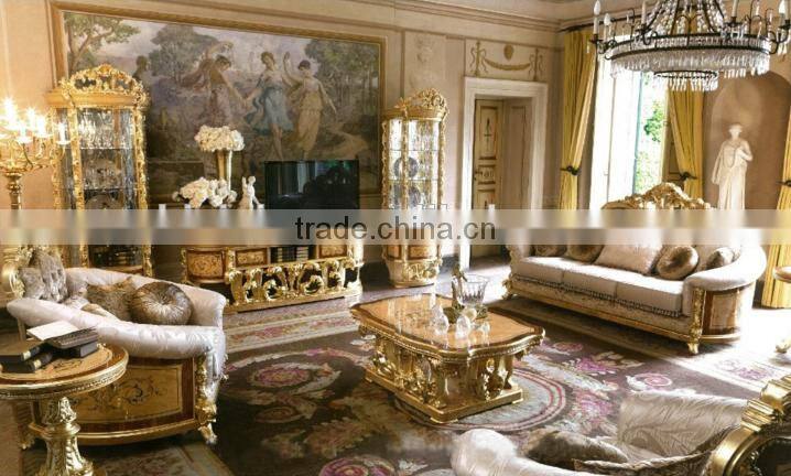 Royal Castle Glass Entertainmen Unit inlaid Wood Veneer, Carved Wooden Living Room Furniture TV Cabinet Set