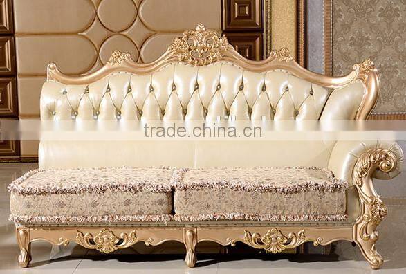 Luxury European style solid wood golden carving genuine leather back matching fabric seat living room corner sofa set