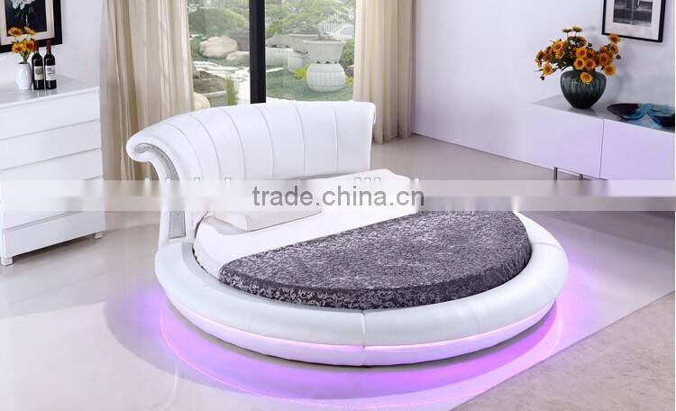 Bisini White Leather LED Round Bed, Luxury LED Round Bed