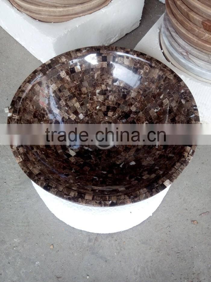 Dark brown emperador marble vessel sink with mosaic