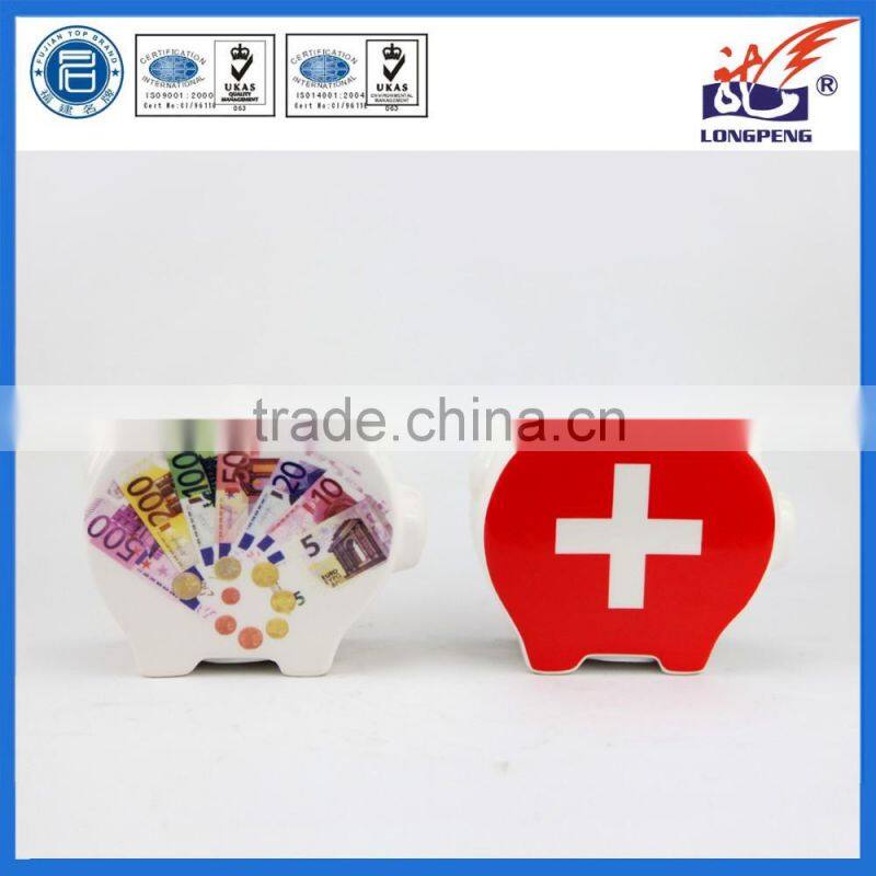 Ceramic Piggy Bank with Euro Paper Money,Piggy Bank With Red Cross