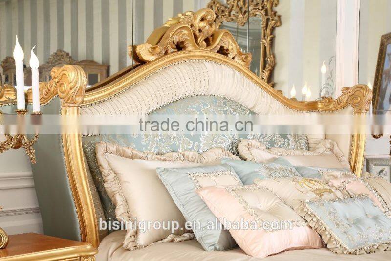 Luxurious Elegant Rococo Designed Carving White and Golden Tufted Crown Bed with Nightstand and Dressing Table BF12-05254f
