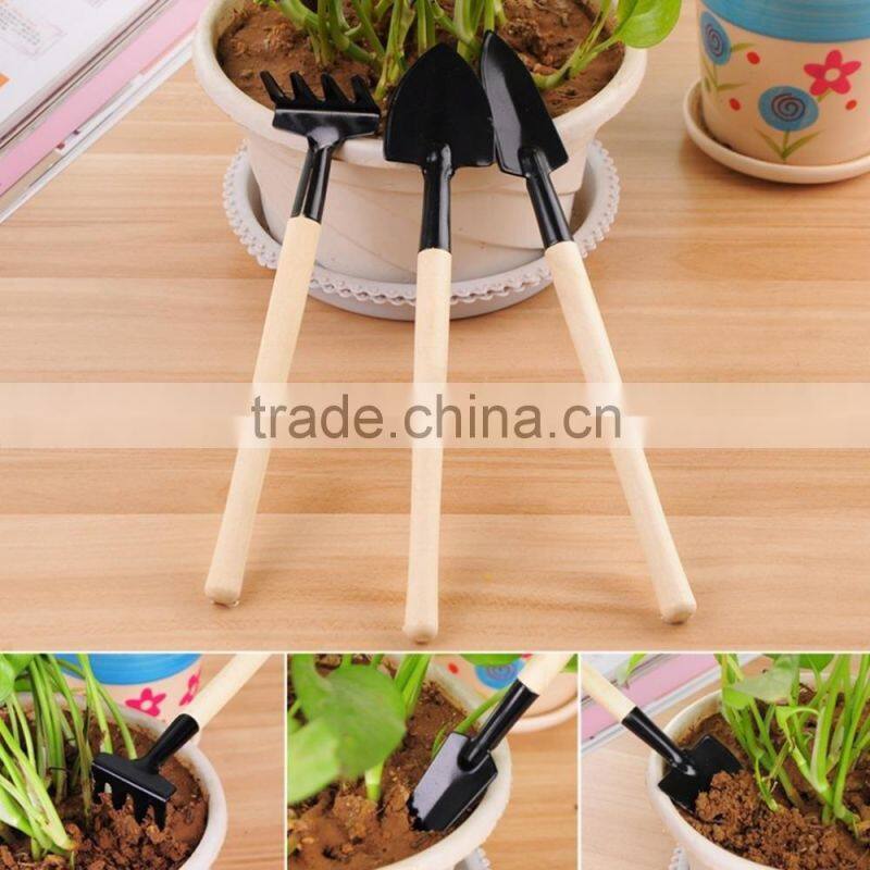 3pcs Mini Garden Gardening Plant Tools Set with Wooden Handle Shovel Rake Spade