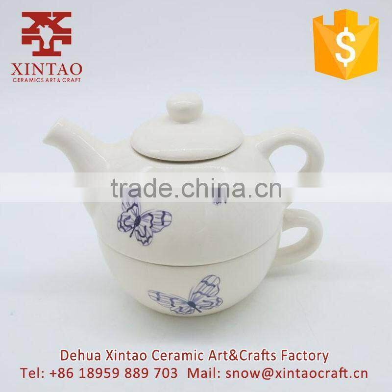 Glazed Full Hand Painted White with blue butterfly Ceramic Teapot