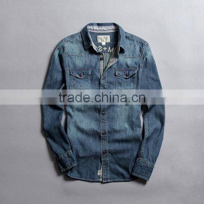 Men denim shirts, long sleeve shirt with embroidery, Men vintage denim shirt,washed denim shirts