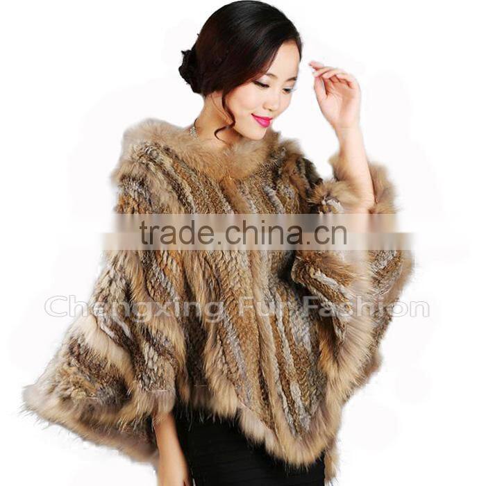 CX-B-95B Wholesale Instant Cape For Women/ Hooded Rabbit & Raccoon Fur Cheap Winter Shawl