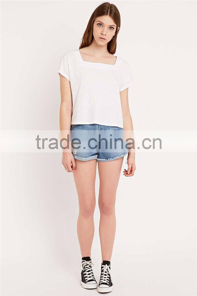 Square neck plain t shirt without collar blank white t shirt