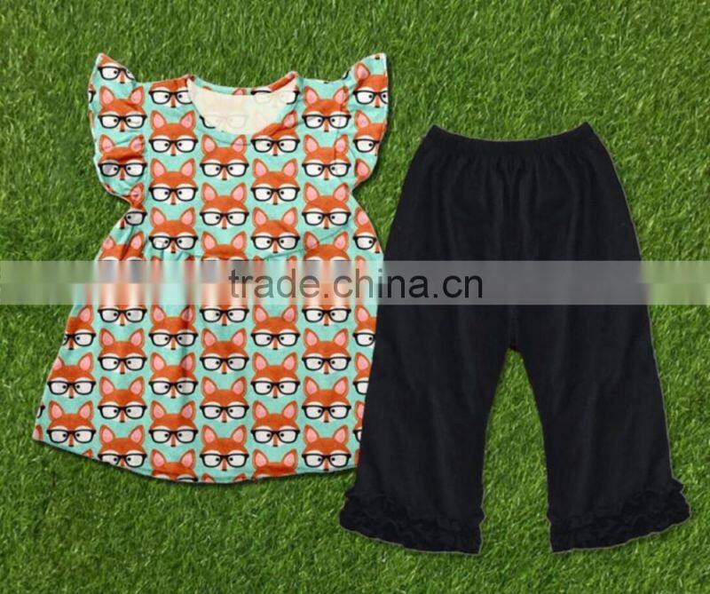 new design fox print dress girl cotton flutter top and baby icing ruffle pants children boutique clothes sets