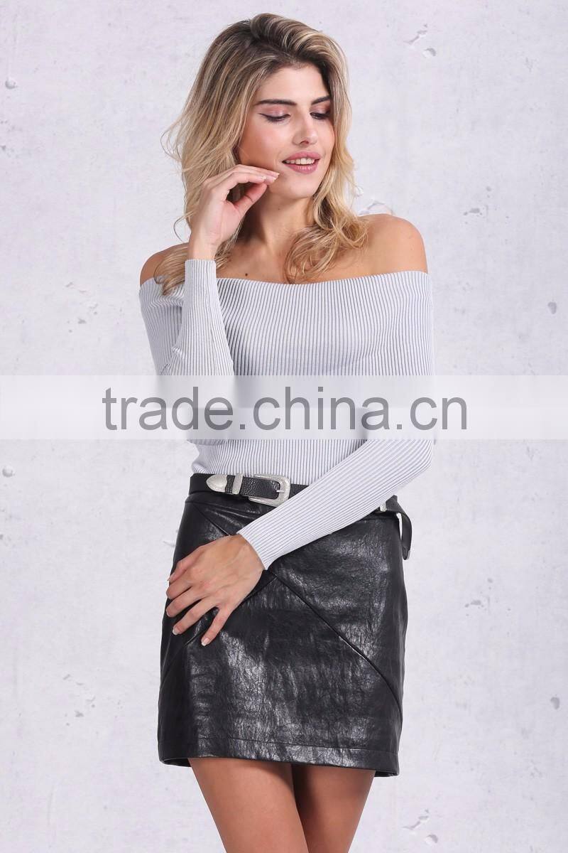 off shoulder elastic spring sweater women Short gray lapel pullover sexy white jumpers Autumn knitwear top
