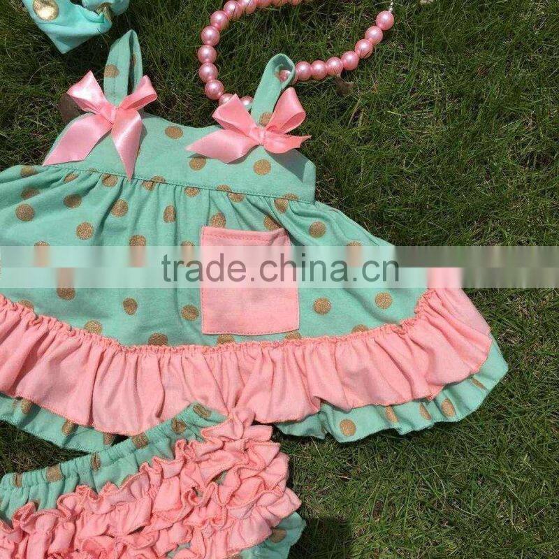 in stock golden polka dot swing top sets newborn girl clothes kids green swing top sets with necklace and headband