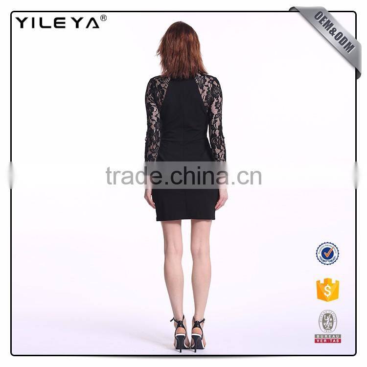 Factory price black lace long sleeve dress,short sexy cocktail dress patterns,black lace dress long sleeve