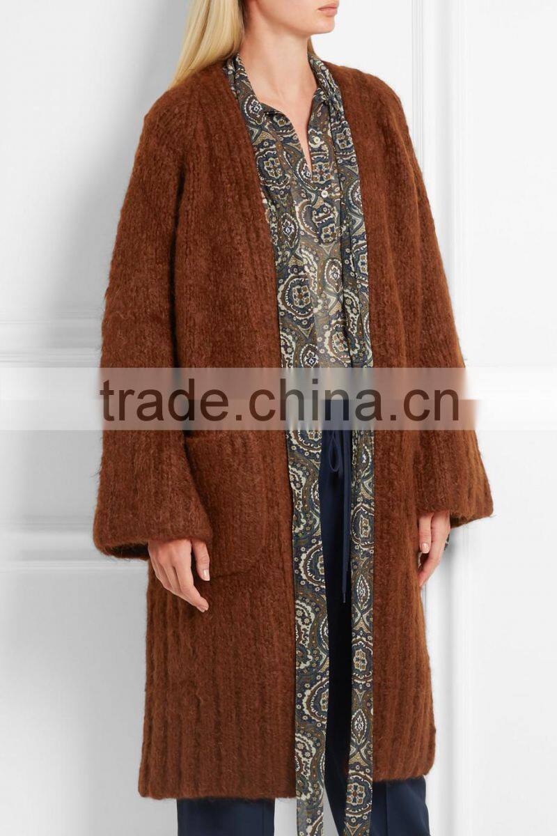 Knitwear Cardigan Manufacturers for Customed High Quality Dark Khaki Colored Cashmere Open Front Cardigan for Women