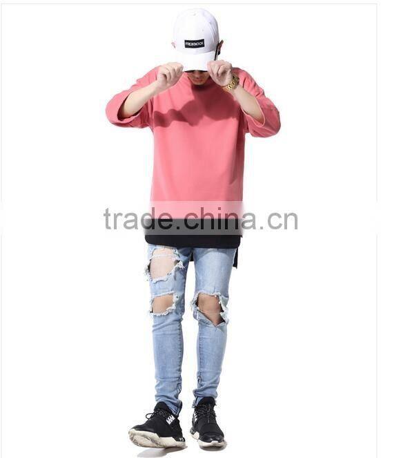 Mens pink side slit thick 3/4 sleeve loose t shirt