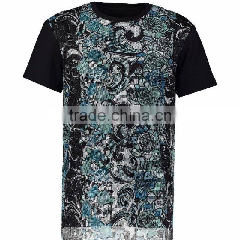 Latest Deaign Full Printed Teal & Black Floral Mesh T Shirt for Men