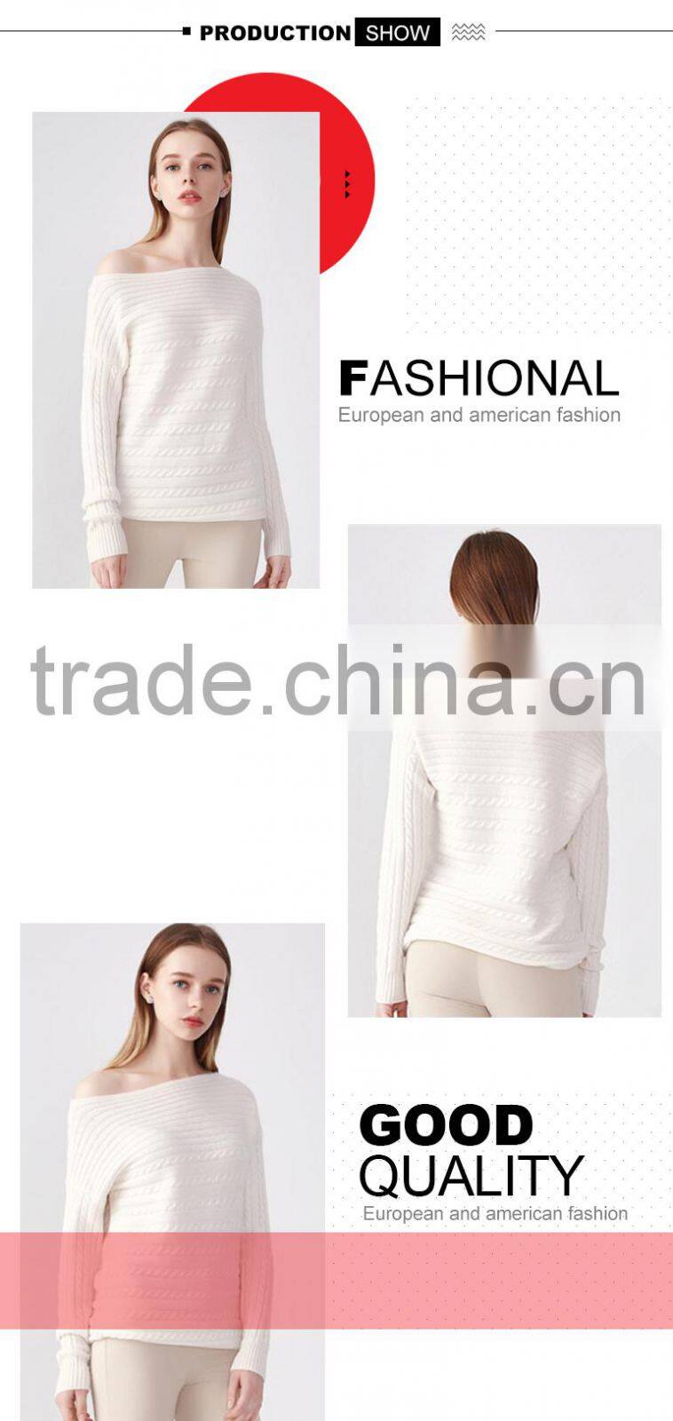 Factory wholesale wide neck cotton knit pattern pullover sweater design for women