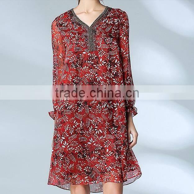 Ladies elegant party dress chiffon leaf bead loose prom dress 2017