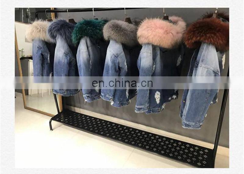 2017 Fashionable Women Winter Real Fox Fur Lined Denim Parka Real Fur Jacket Raccoon