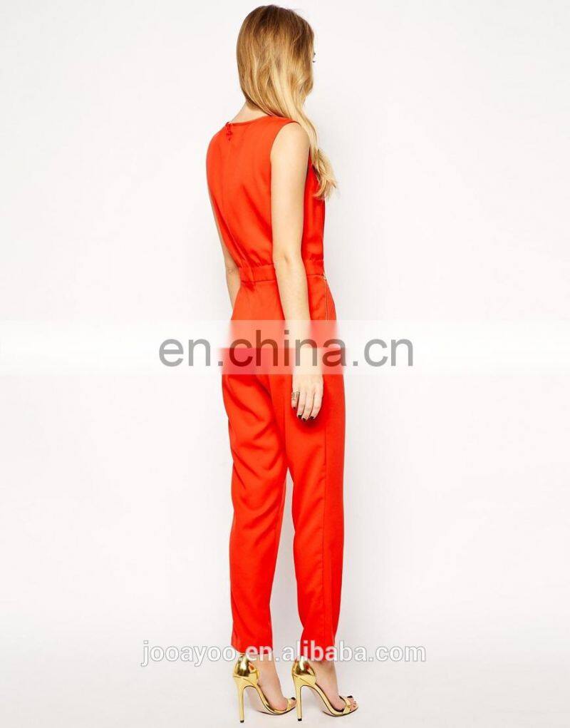 Elegant Women Slash Neckline Zip Detail Fitted Waist Slim Orange Jumpsuit