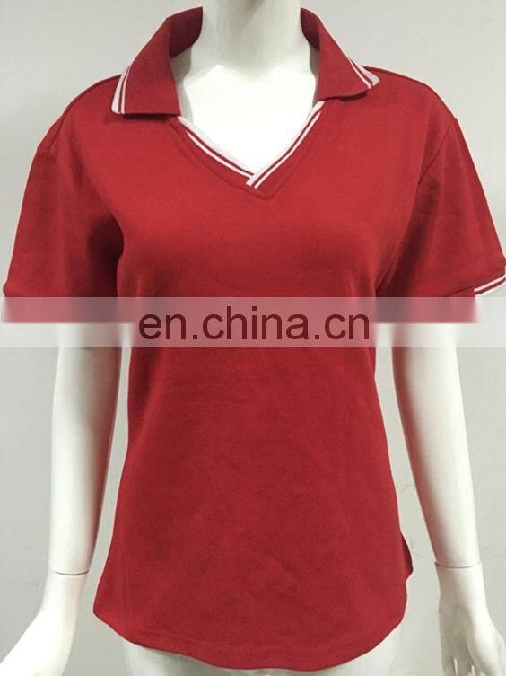 2016 LADY'S popular red v-neck polo t-shirt with white stripped collar
