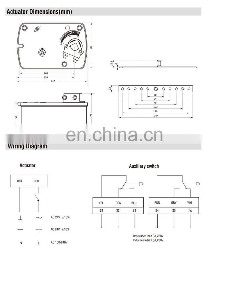 Spring return damper Actuator with 2 auxiliary switch 3Nm for HVAC system AC/DC 24V AC220V