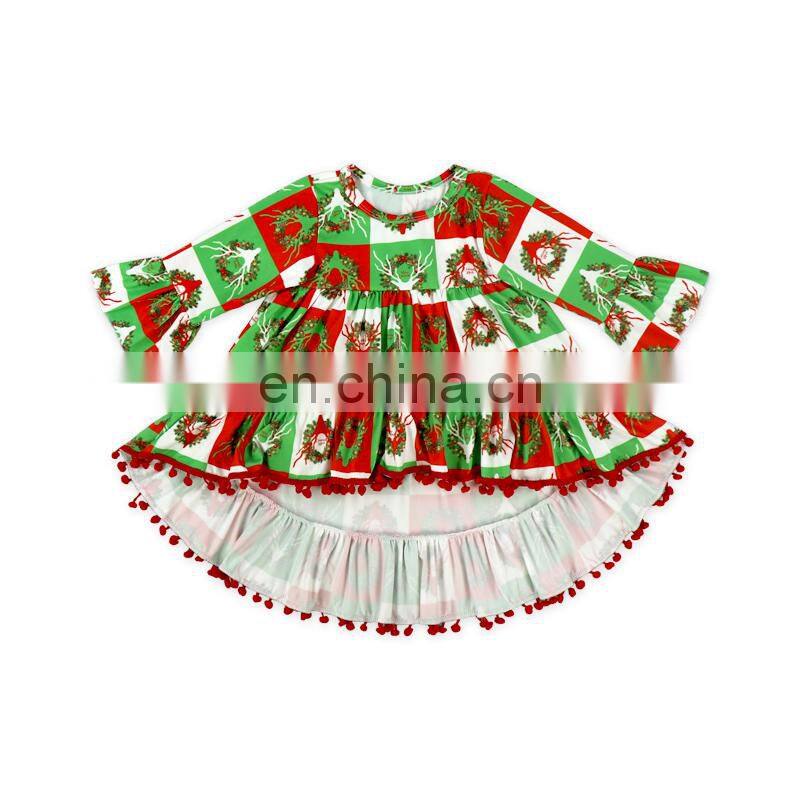 Hot selling baby girl fashion top dress printed floral Christmas style high-low top pompom dress baby clothes