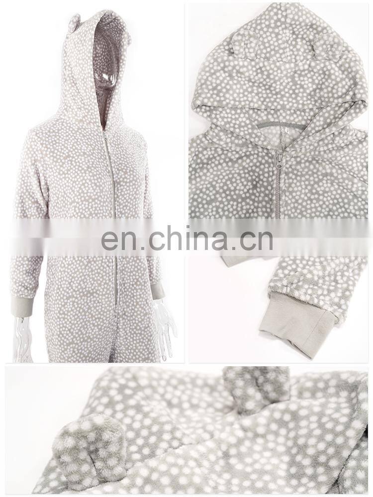 Western Super Soft Jumpsuit Hoodie Dots Printed Coral Fleece Overall Pyjamas With Hood