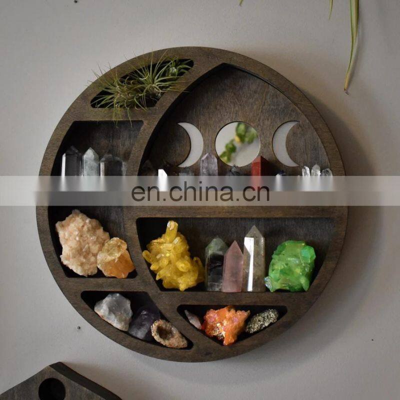Wall Mounted hexagon mirror with customized color wooden frame Hanging Storage Display makeup mirror shelf Wall Decor