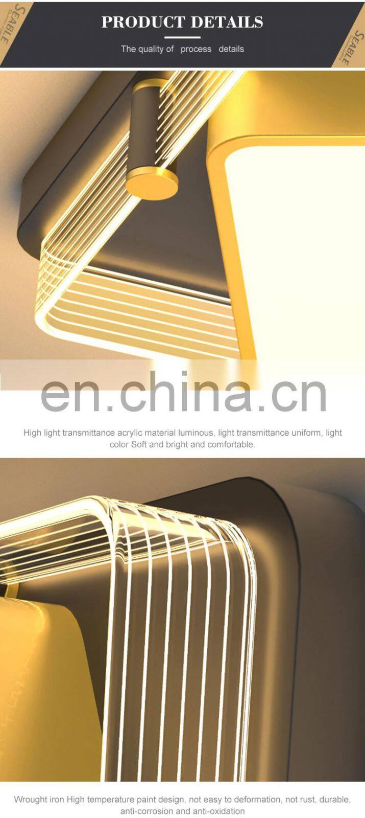 High Quality Decoration Indoor Black Gold Living Room Acrylic 36W 48W Modern Square LED Ceiling Lamp