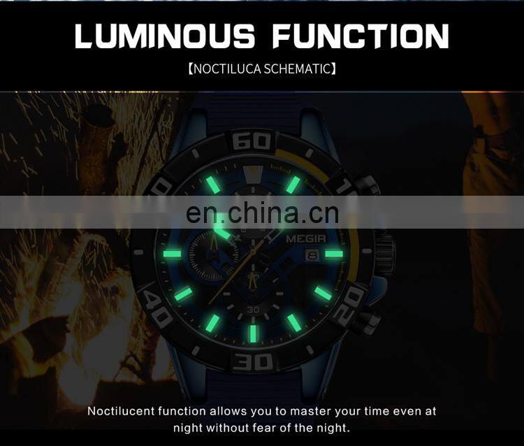 MEGIR 2121 Men Current Original Quartz Watches Silicone Strap Analog Calendar Stopwatch Man Sport Wrist Watch