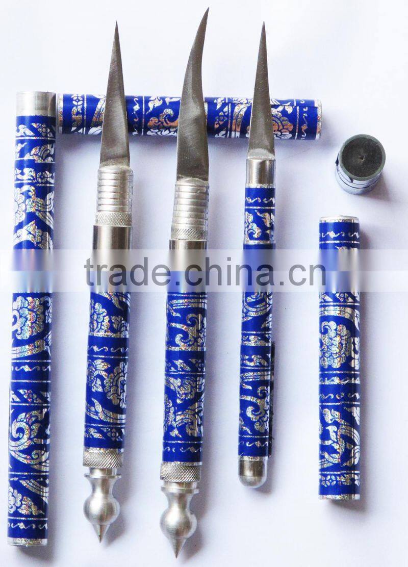 Set of Fruit Carving Knife Handle Carving Stainless steel,Handmade Thai Style 1 Set have 3 Pcs. (Blue Color)