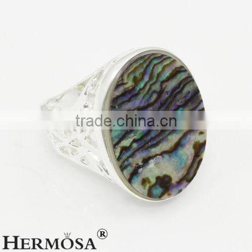 Precious Rainbow Real Abalone Shell 925 Sterling Silver Oval Big Stone Ring