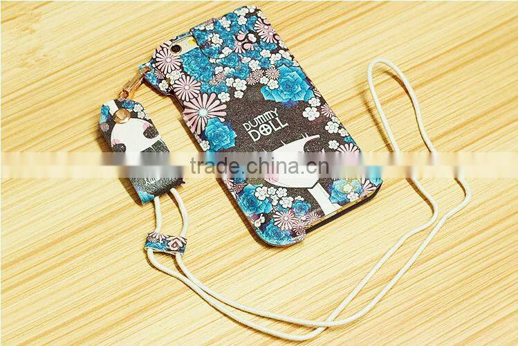 Printed Mobile Phone Case With Sling Rope Cute Cartoon Print Leather Case For iPhone 6