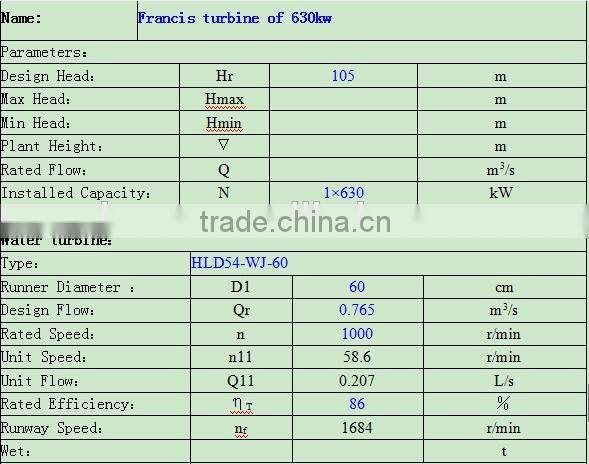 Hydro turbine generating /630kw Francis turbine/ Hydropower plant
