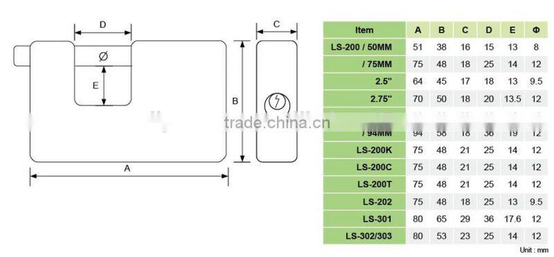 Lipson LS-200K series Hardened Steel Shackle kaba key rectangular brass padlock