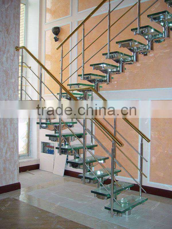Indoor wood step straight staircase with glass railing