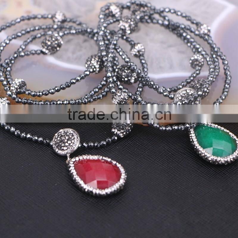 Pave Crystal Beads Hematite Beaded Necklace, Waterdrop Gem Stone Pendant Necklace