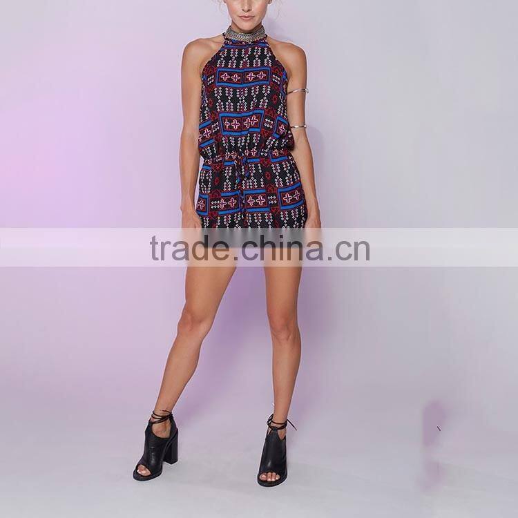Newest clubwear spaghetti strap geomtrical print woman sexy short jumpsuits